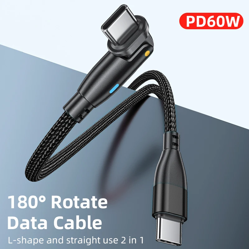 

3а PD USB TypeC кабель для Samsung S20 Huawei xiaomi 180 ° Поворот Дата кабель 60 Вт Быстрое зарядное устройство с l-образной формы и прямого использования 2 в 1
