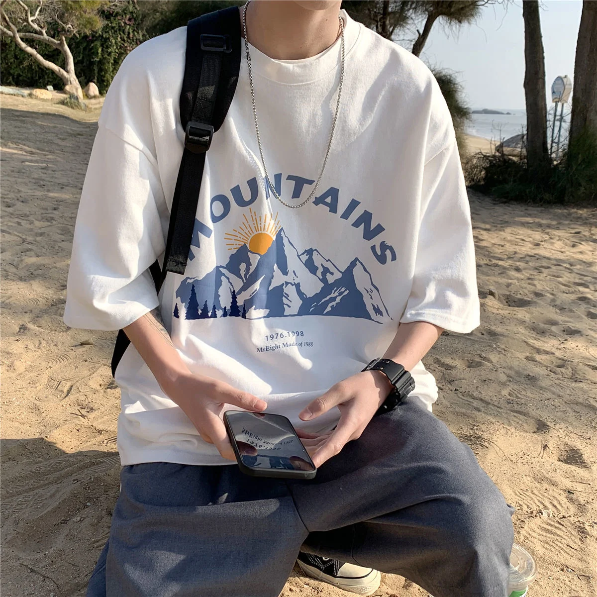 

Mens T-shirt Short Sleeve Round Neck Off Shoulder Loose Print Lettered Streetwear Sport Tidal Current College The New Listing