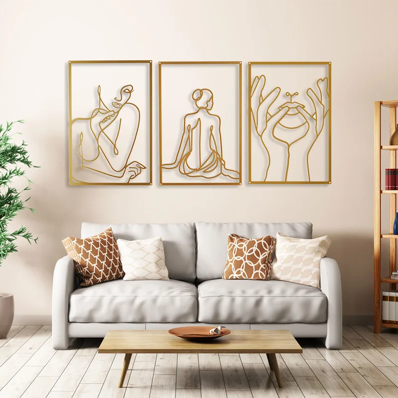 

2022 New Wrought Iron Gold Wall Decoration Wall Hanging Simple Art Female Body Line Background Wall Decoration Painting