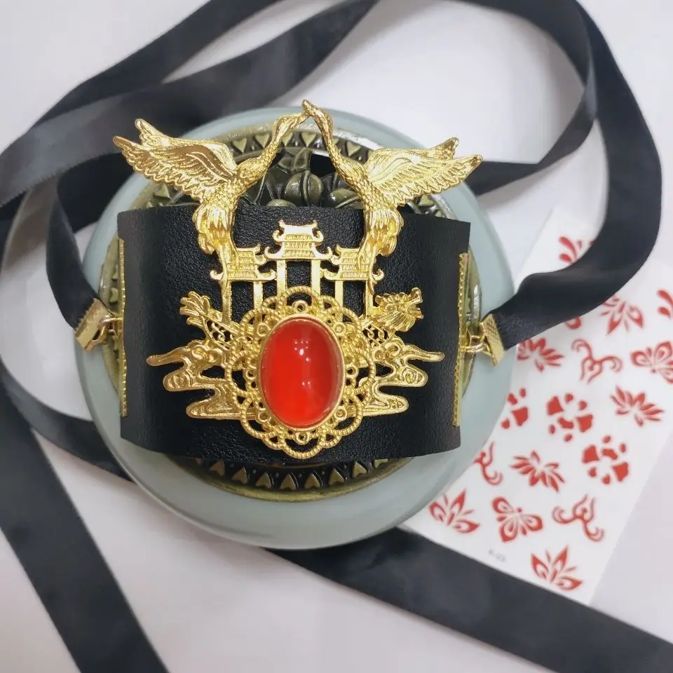 

Black Warrior Swordsman Hair Crown Accessories With Red Diamond Ribbon Head Gear Prince Coronet Hanfu Cosplay Kung Fu Favors