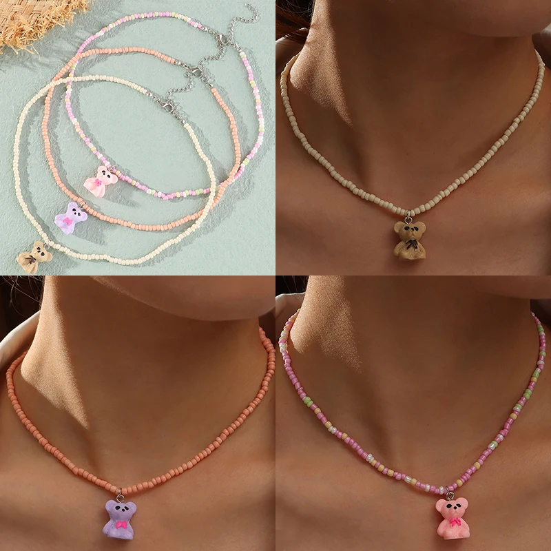 

Bohemian Girls Choker Candy Seed Beads Necklace Creative Resin Bear Pendant Necklaces for Women Summer Beach Statement Jewelry