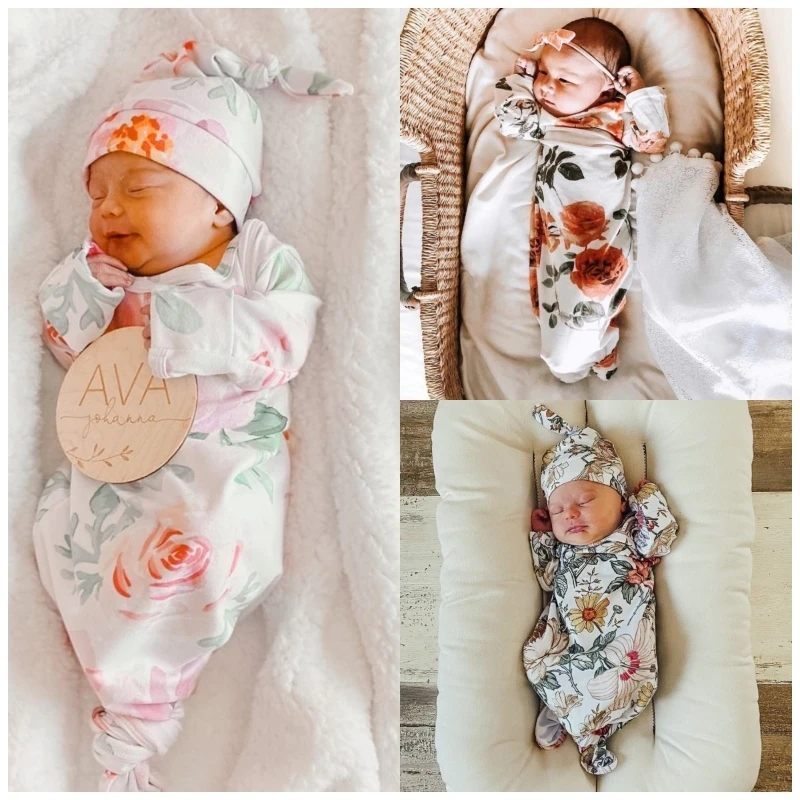 

2 Piece Set 0-3 Months Infant Gown Knotted Design Flower Theme Patterns Nightgown and Hat Infant Sleeper Swaddle Blanket