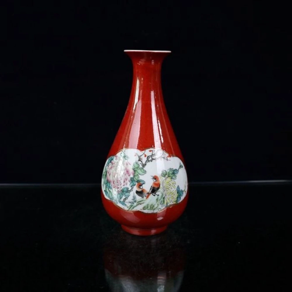 

Red Glazed Window Opening Pink Color Flower Bird Pattern Vase Home Crafts Decorations Ornaments