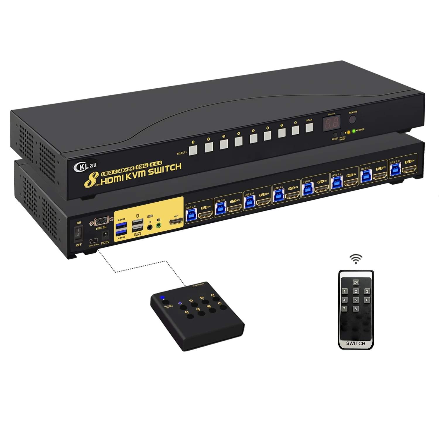 Квм-переключатель с 8 портами USB3.0 HDMI, поддержка 4K 60 Гц, со стереозвуком и микрофоном, Поддержка горячего подключения и Plaly, поддержка EDID и HDCP.