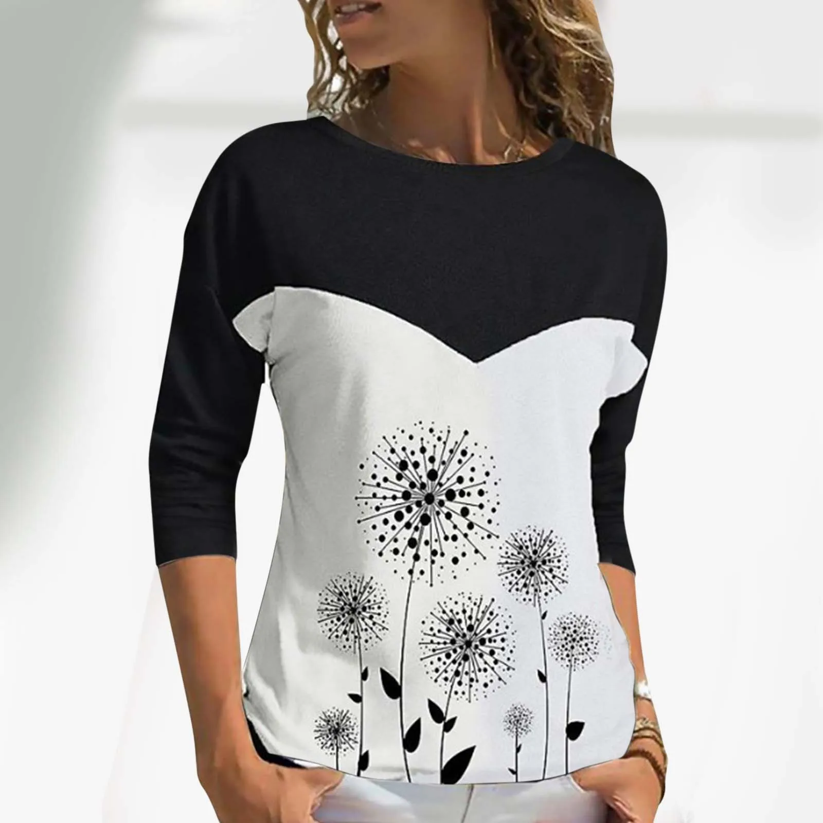 

Women Round Neck Contrast Print Drop Shoulder Seven Points Sleeve Top Casual T Shirt Mock Neck Long Sleeve Tops for Women