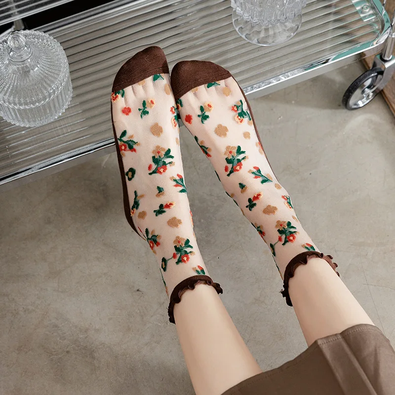 Lace socks Children's summer thin pure cotton bottom glass fiber socks Ins trendy Japanese cute floral transparent crystal socks