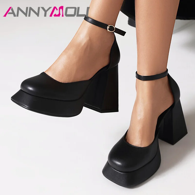 

ANNYMOLI Women Pu Leather Pumps Platform Super High Hoof Heels Round Toe Two-Piece Buckle Party Sexy Spring Autumn Shoes Black