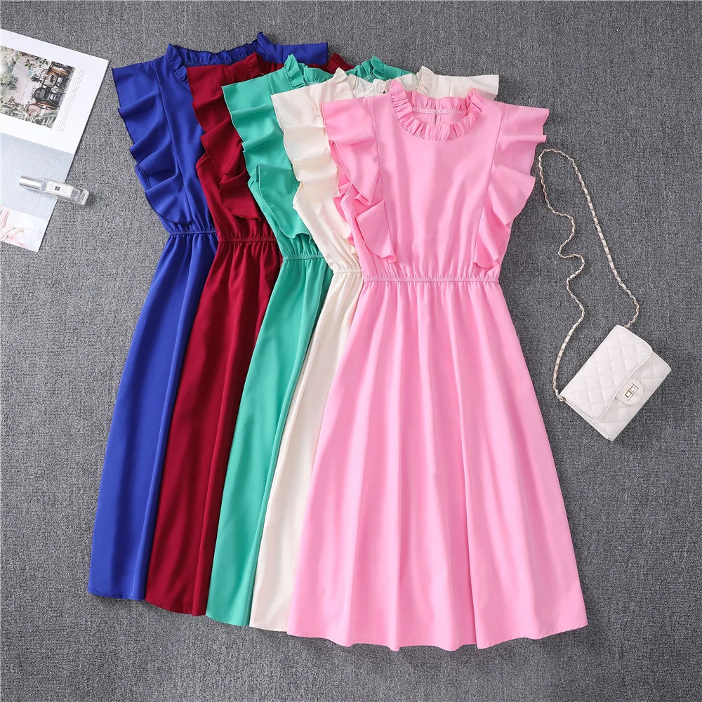 

Summer Women's Polka Dot Chiffon Dress Short Sleeve Party Sweet Slim A-Line Casual Elastic Waist Elegant Midi Dresses Robe Femme