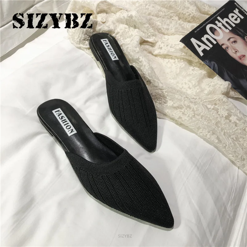 New Slippers Women Summer Shoes Solid Toe Slipper Fashion Pointed Woven Breathable Lazy Slippers Flat Sandals Women Mules Shoes