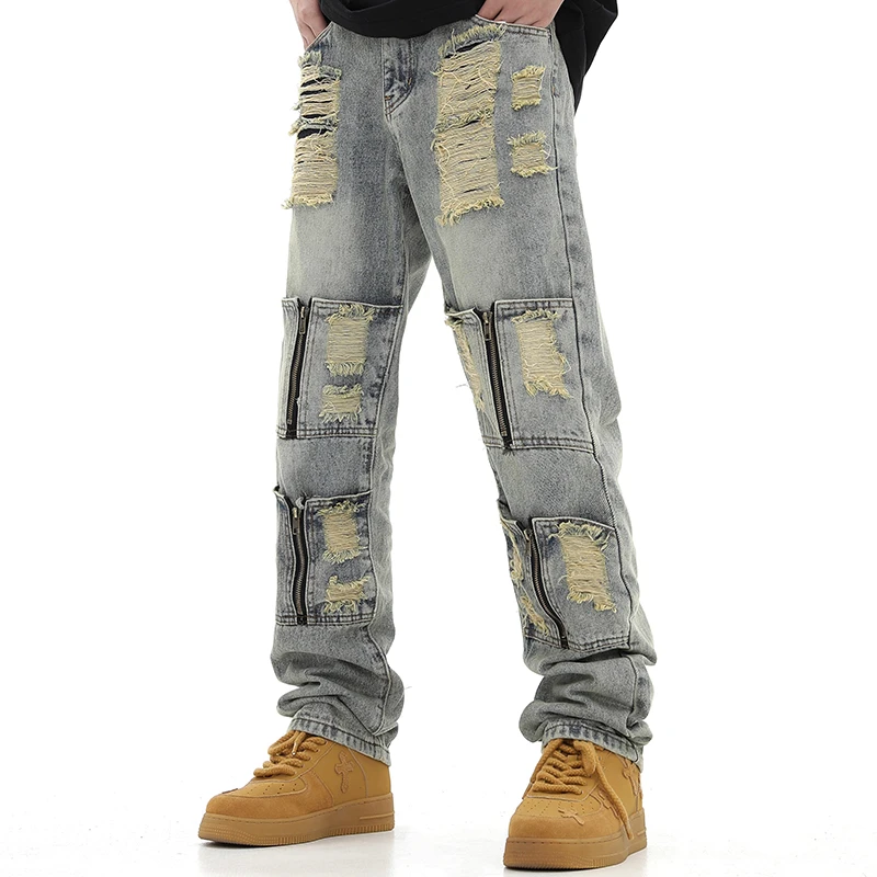 

Harajuku Ripped Hole Zipper Decorate Washed Blue Jeans Pants Men's Straight Frayed Cut Casual Denim Trousers Unisex Loose Jean