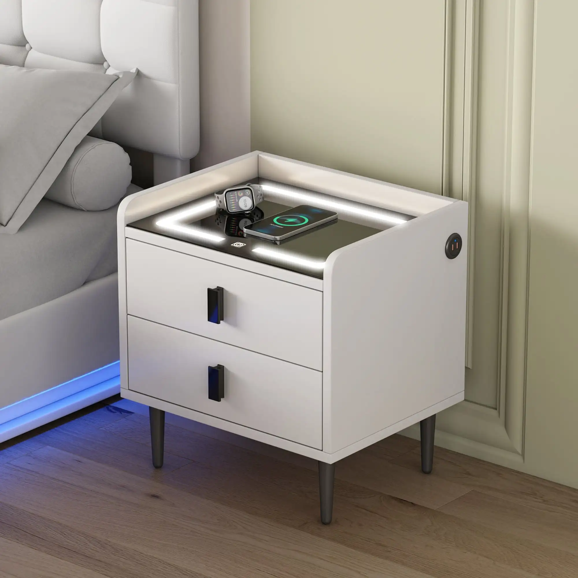 

LED Lights Nightstand with with Wireless Charging Station, 2 Drawers End Table for Bedroom, White