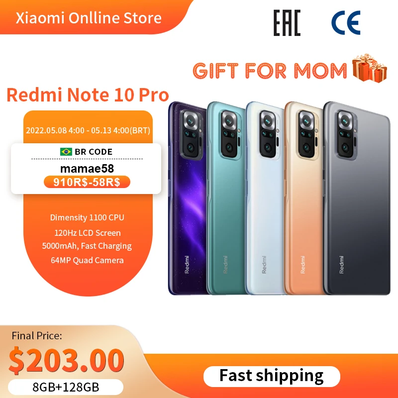 

In Stock Global Version Xiaomi Redmi Note 10 Pro 8G 128G 64G Smartphone 108MP Camera 6.67" AMOLED DotDisplay 120Hz Snapdragon