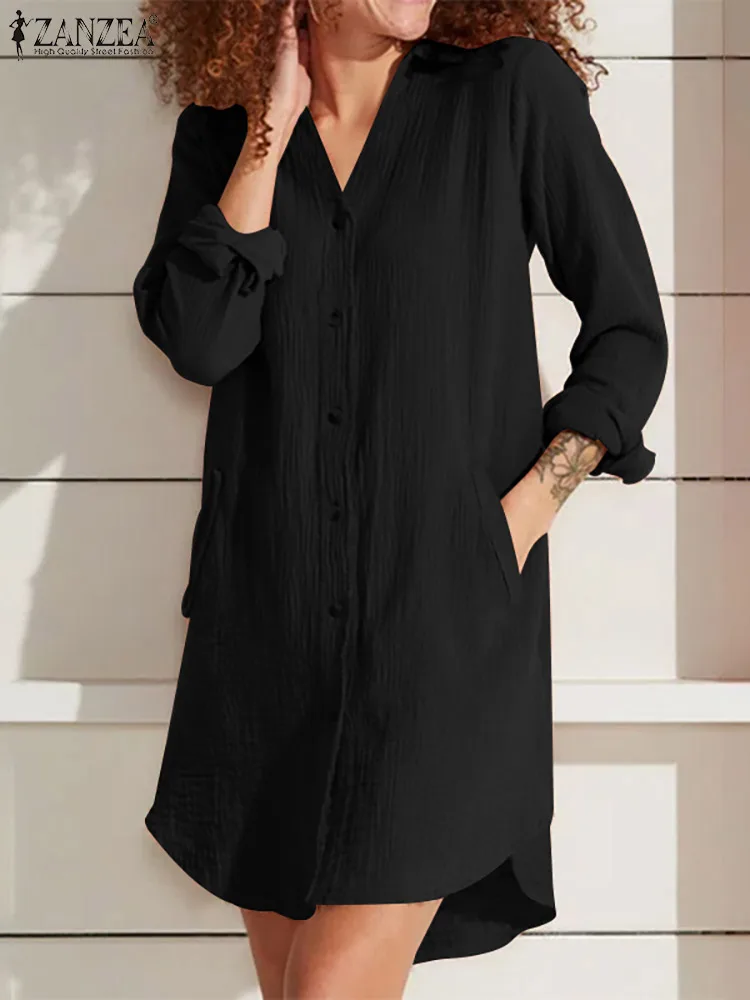 

ZANZEA Casual Women Short Shirtdress Fashion Wrinkle Design Long Sleeve Lapel Pocket Beach Dress Vacation Daily Solid Sundress