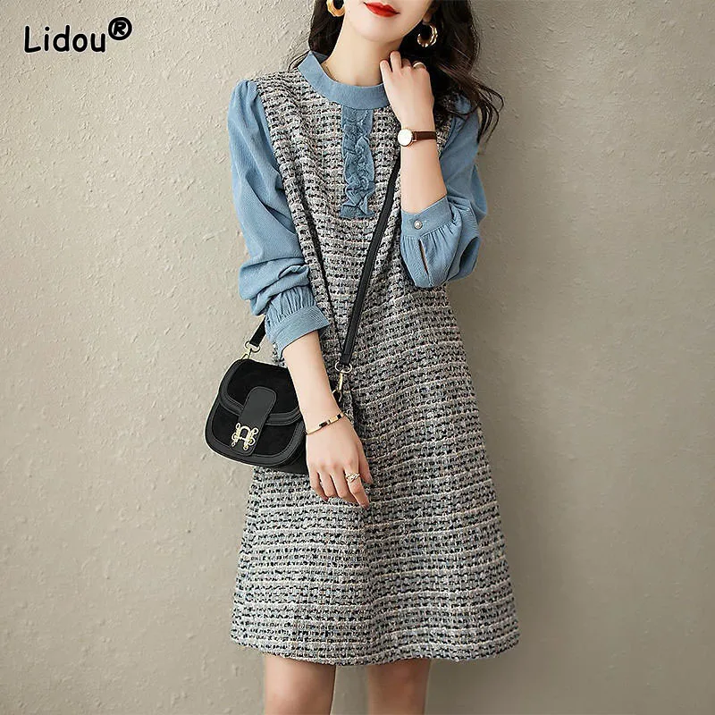 

O-Neck Lantern Sleeve Office Lady Knee-length Dresses Loose Waist Patchwork Lace Folds Women's Clothing Autumn Winter Pullover