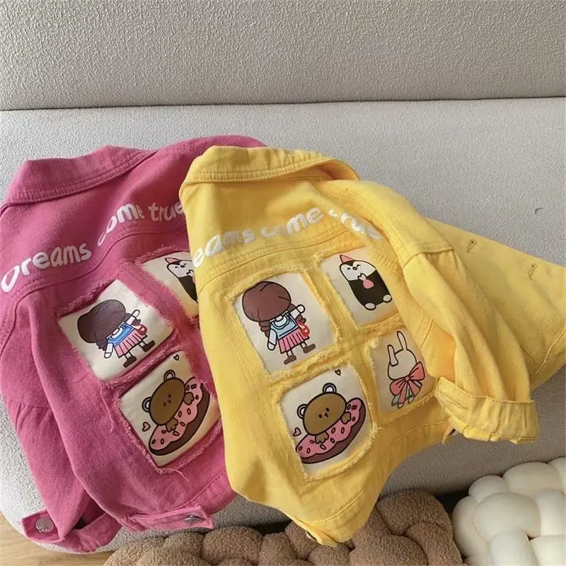 

2023 New Spring Autumn Denim Girls Jacket Fashion Cartoon pink Windbreaker Jackets For Kids Children Clothing OuterwearCoats