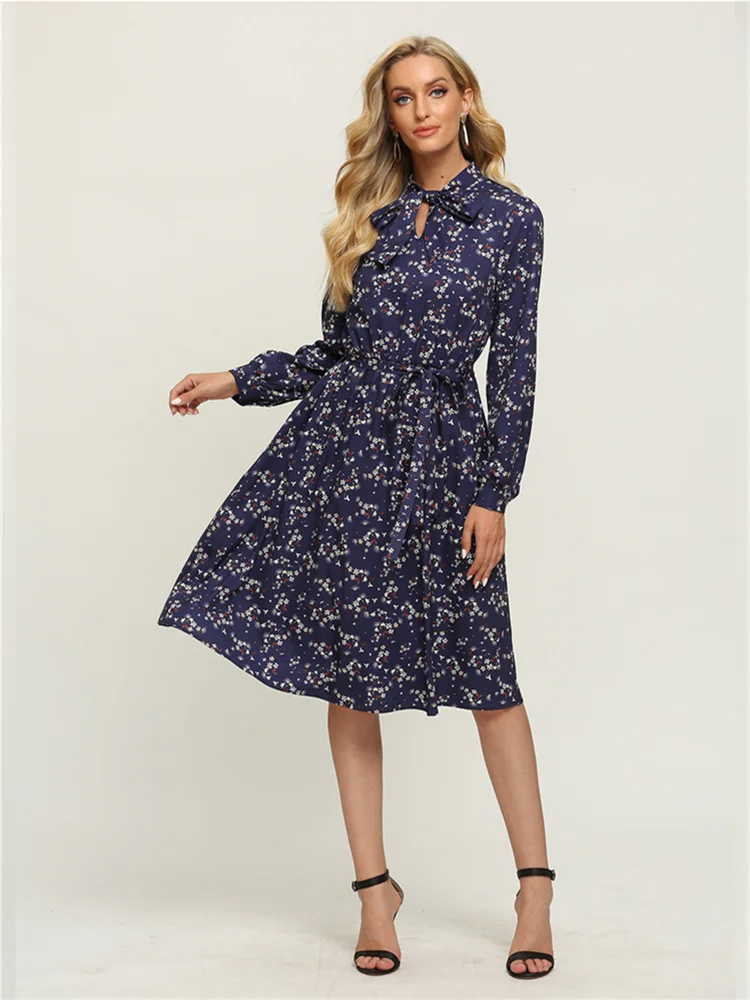 

Женское винтажное платье с бантом на шее, повседневное ТРАПЕЦИЕВИДНОЕ ПЛАТЬЕ С Длинным Рукавом и принтом в стиле ретро, элегантное празднич...