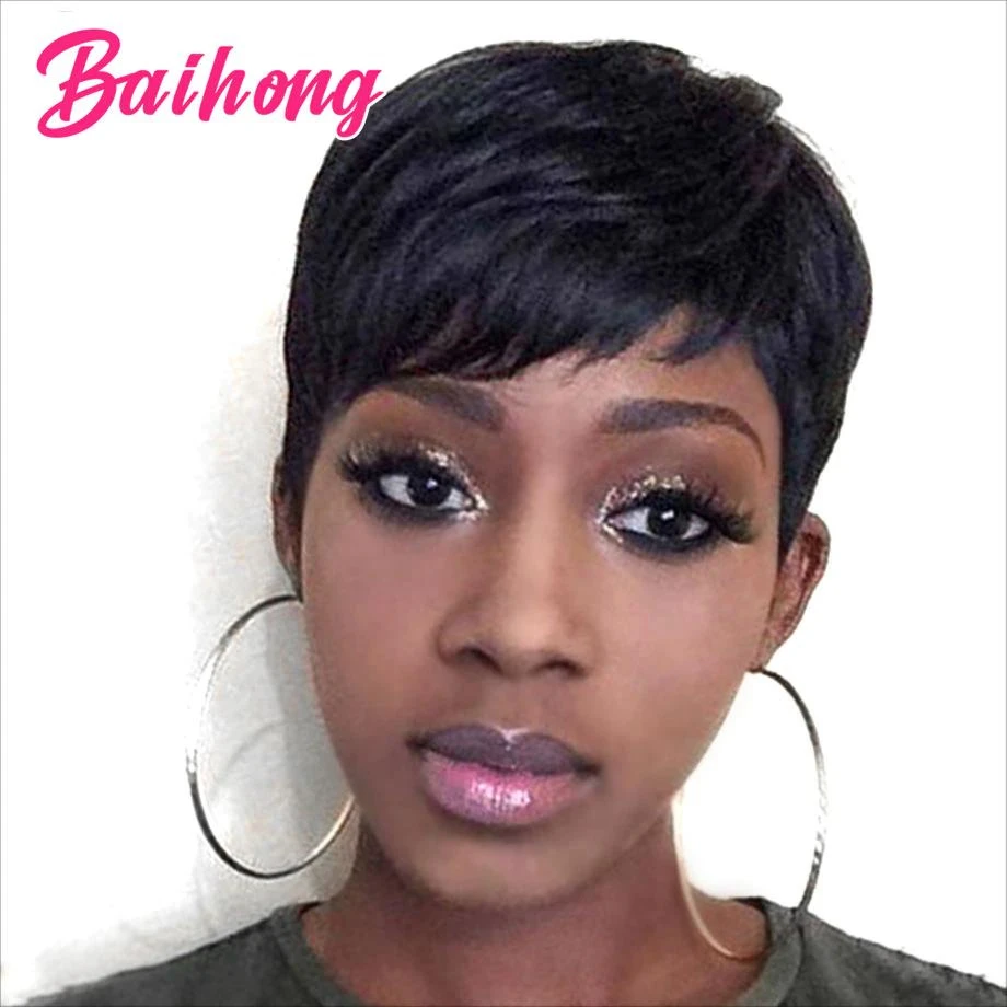 

Short Pixie Cut Human Hair Wigs Brazilian Remy Hair for Black Women Full Machine Made Glueless Cheap Human Hair Wig Wholesale