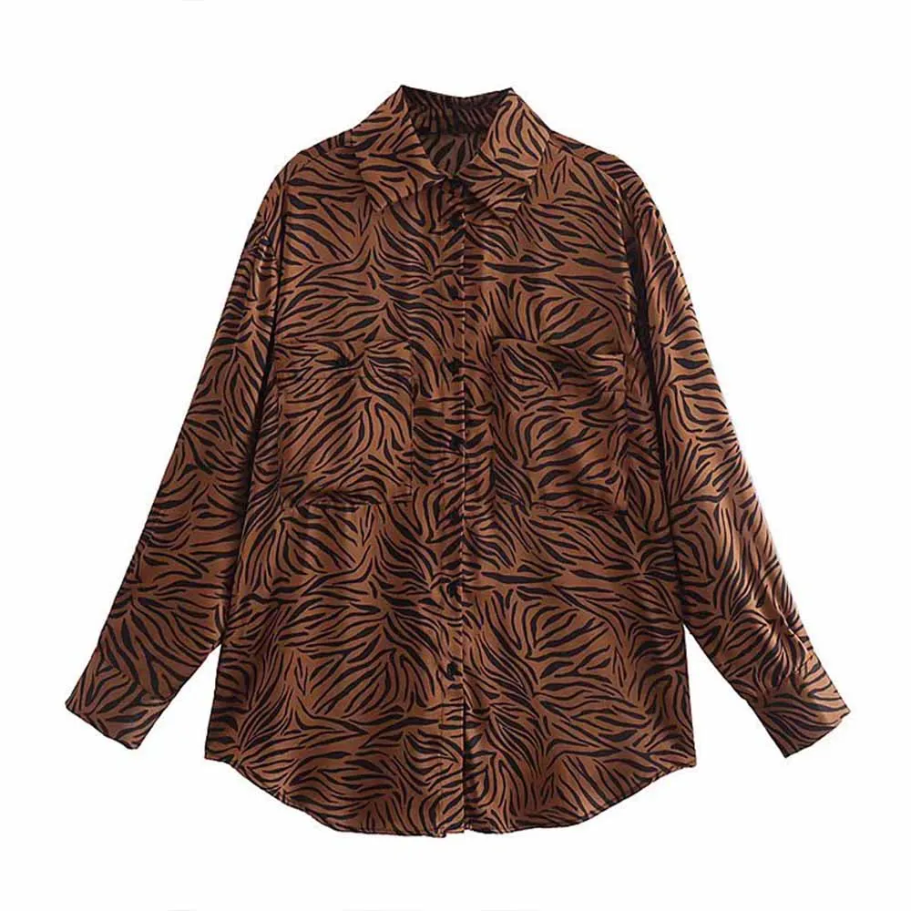 

URMASZA2022 women's spring and summer new high street fashion animal print lapel pocket ornament fashion woman blouses 2022