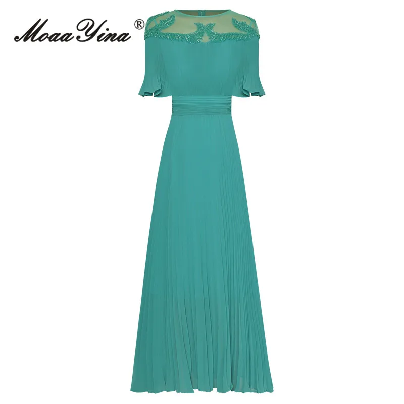 

MoaaYina, летнее модное дизайнерское светильник зеленое винтажное вечерние, женское платье с круглым вырезом и оборками, с высокой эластичной талией, длинное Сетчатое платье