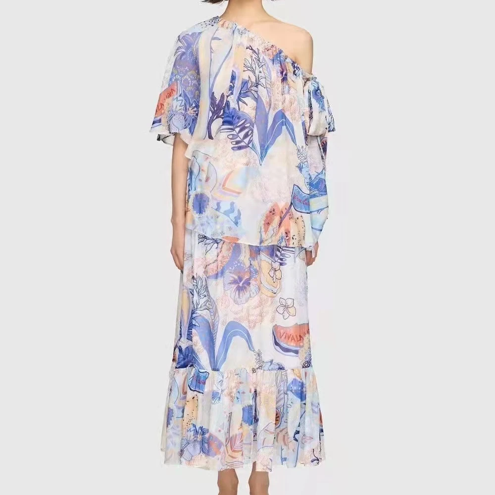

Women purple print silk set slash collar batwing sleeve fashion top+ elastic high waist long skirts 2022 new