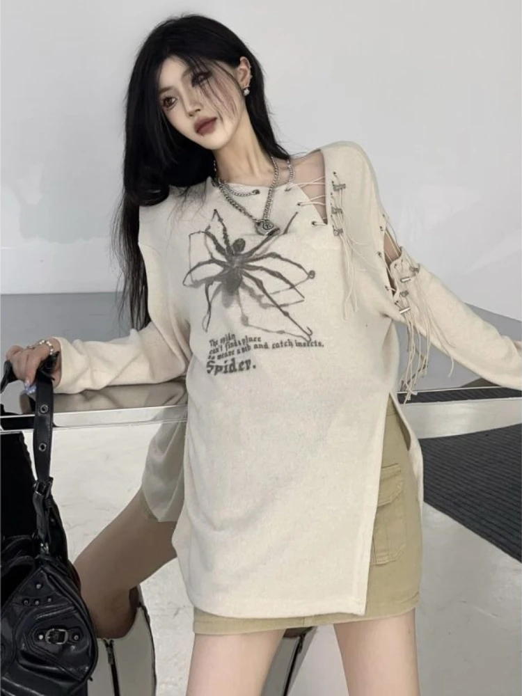 

HOUZHOU Y2K Gothic Long Sleeve Tshirts Women Emo Sexy Hollow Out Bandage Mall Goth Graphic Beige T Shirts Hippie Split Tee Tops