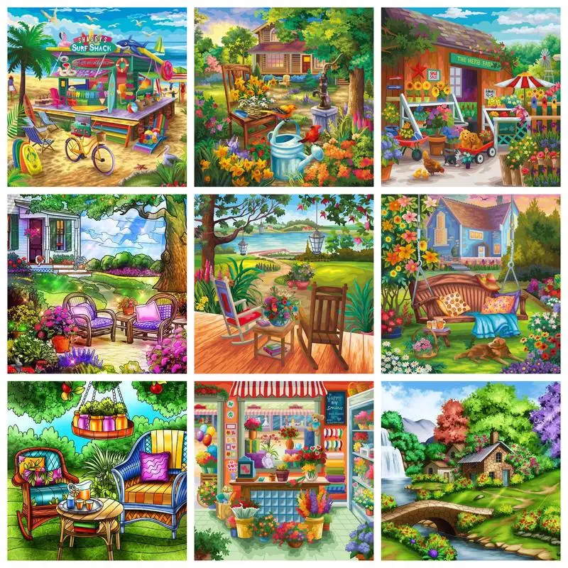 

RUOPOTY Painting By Numbers For Beginner Kits Colored Village Houses Hand Painting Landscape For Home Decor