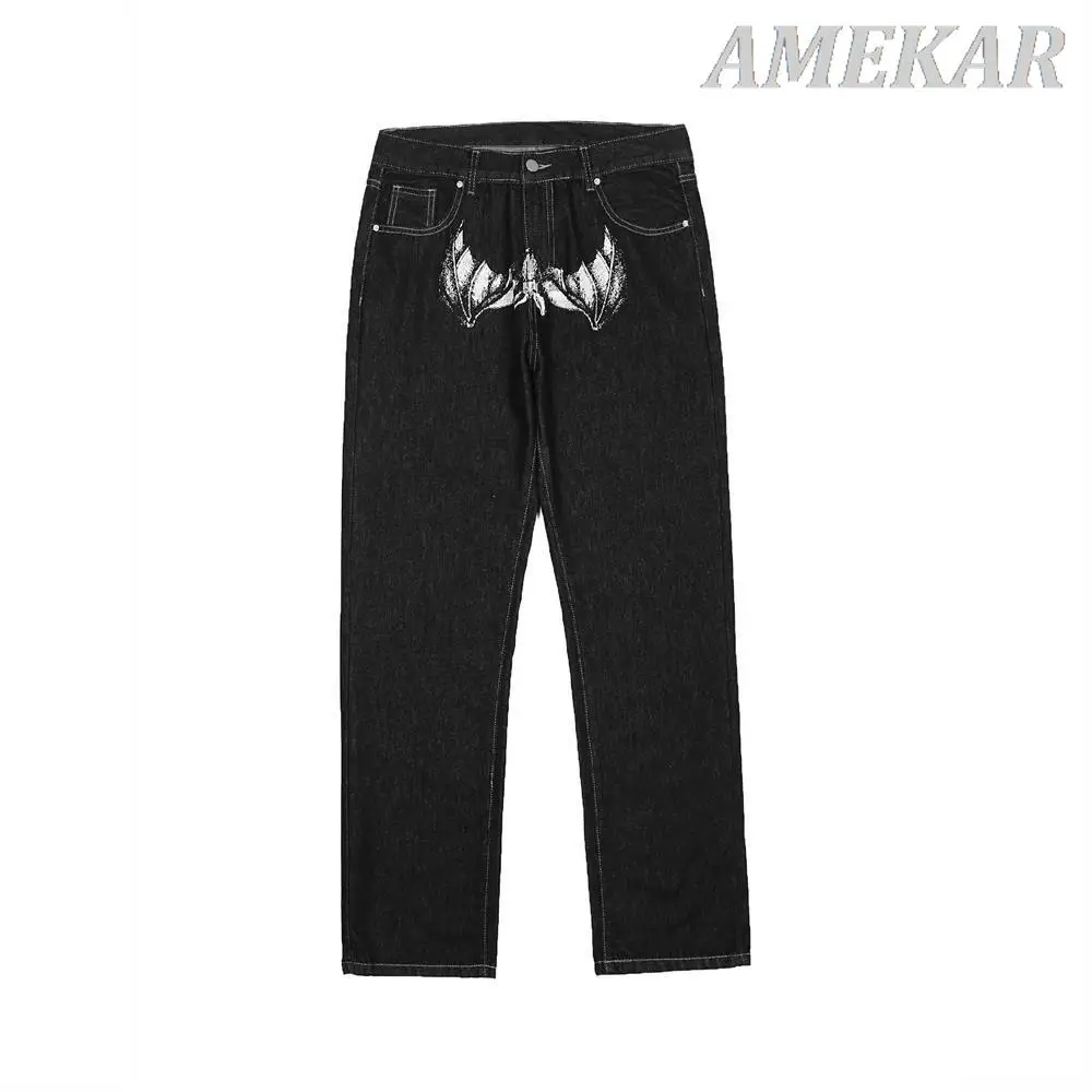 2023 Jeans With Print Straight Baggy Punk Men's Fashion Harajuku Pants Printed Oversize Streetwear Y2k Black Trendy Hip Hop Man