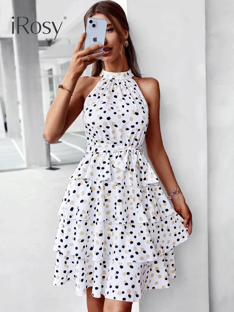 

Sexy Sleeveless Tiered Dress for Party and Wedding Woman 2022 Summer High Waist Polk Dots Dresses with Belt Elegant Streetwear