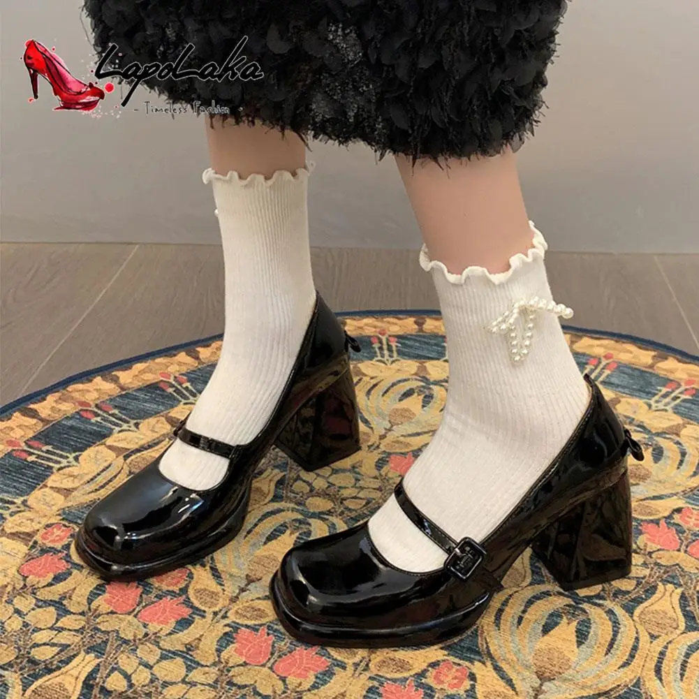 Chunky Heeled Women Pumps 2023 Sweet CuteMary Jean Shoes Spring Summer Buckle Strap Element Pumps Black Patent Leather Pumps