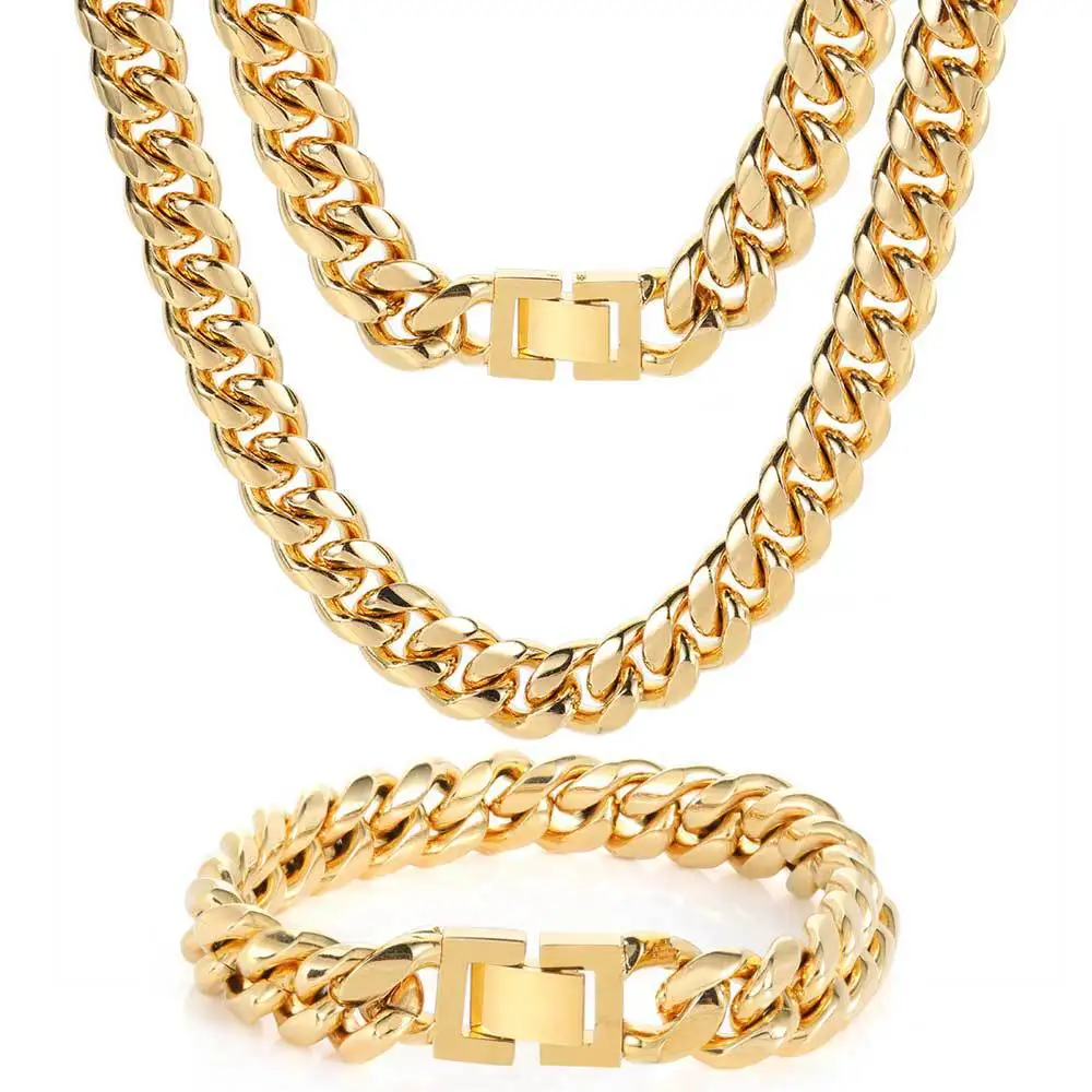 

Золотое панцирное ожерелье в стиле хип-хоп из кубинской цепи для мужчин и женщин, водонепроницаемый браслет из нержавеющей стали 316L, модные ...