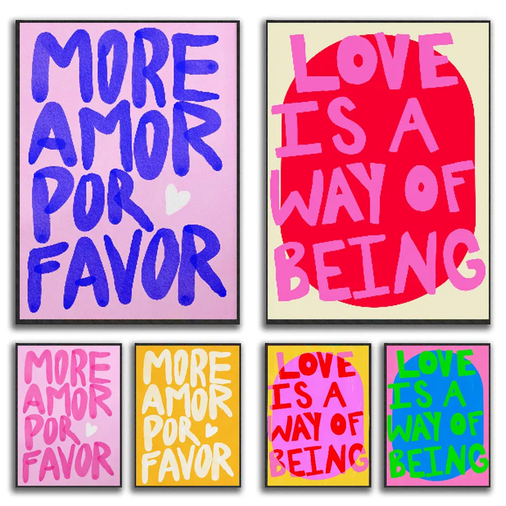 Максималистский больше амор PO POR и красочные яркие голубые розовые цитата Love QUOTE Art Art Canvas Pizers Плакаты комната дома Cuadros Decor