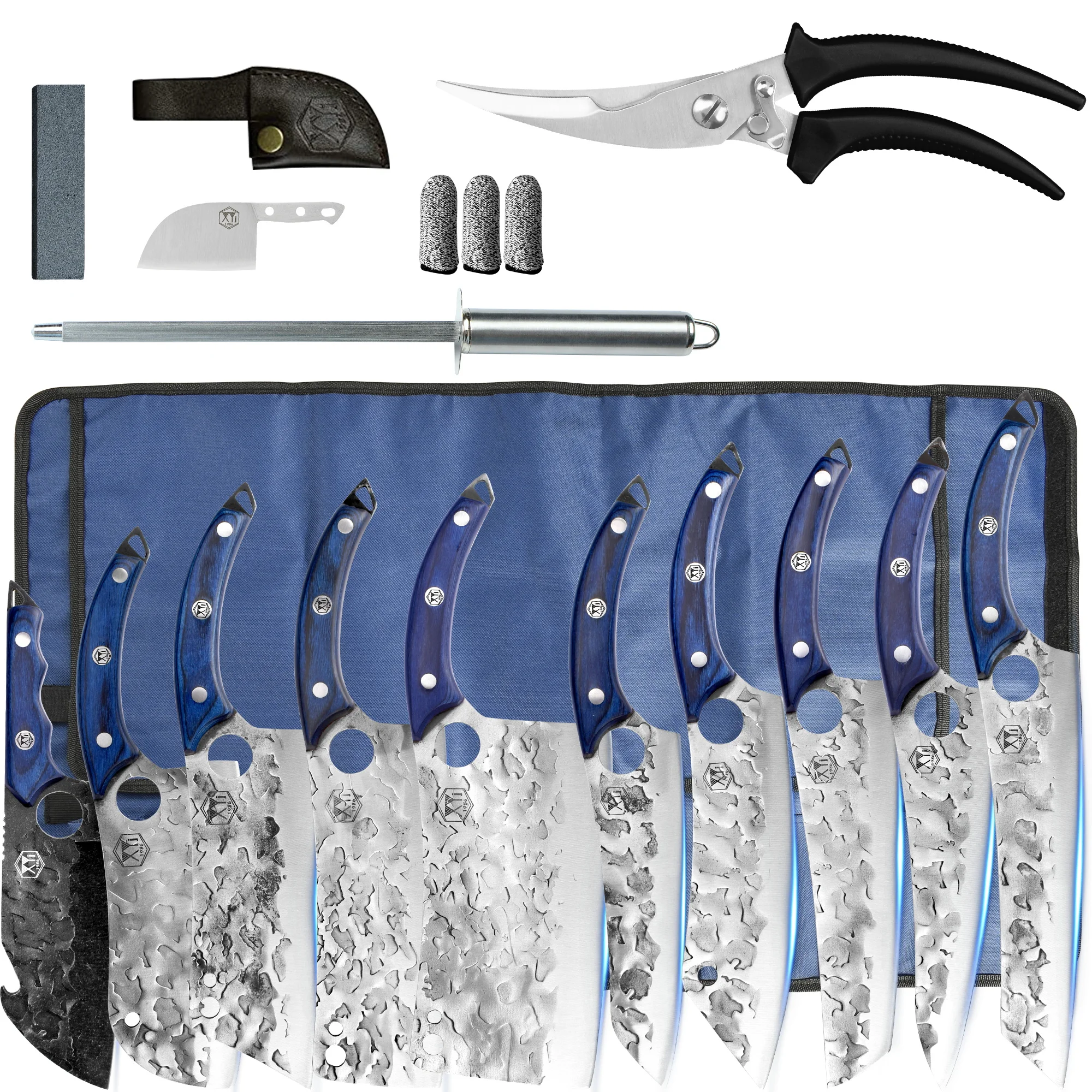 

XYj 10pcs Finger Hole Knife Set Chef Kitchen Knives Full Tang Wood Handle Cleaver Camping Serbian Knives Roll Bag Honing Steel