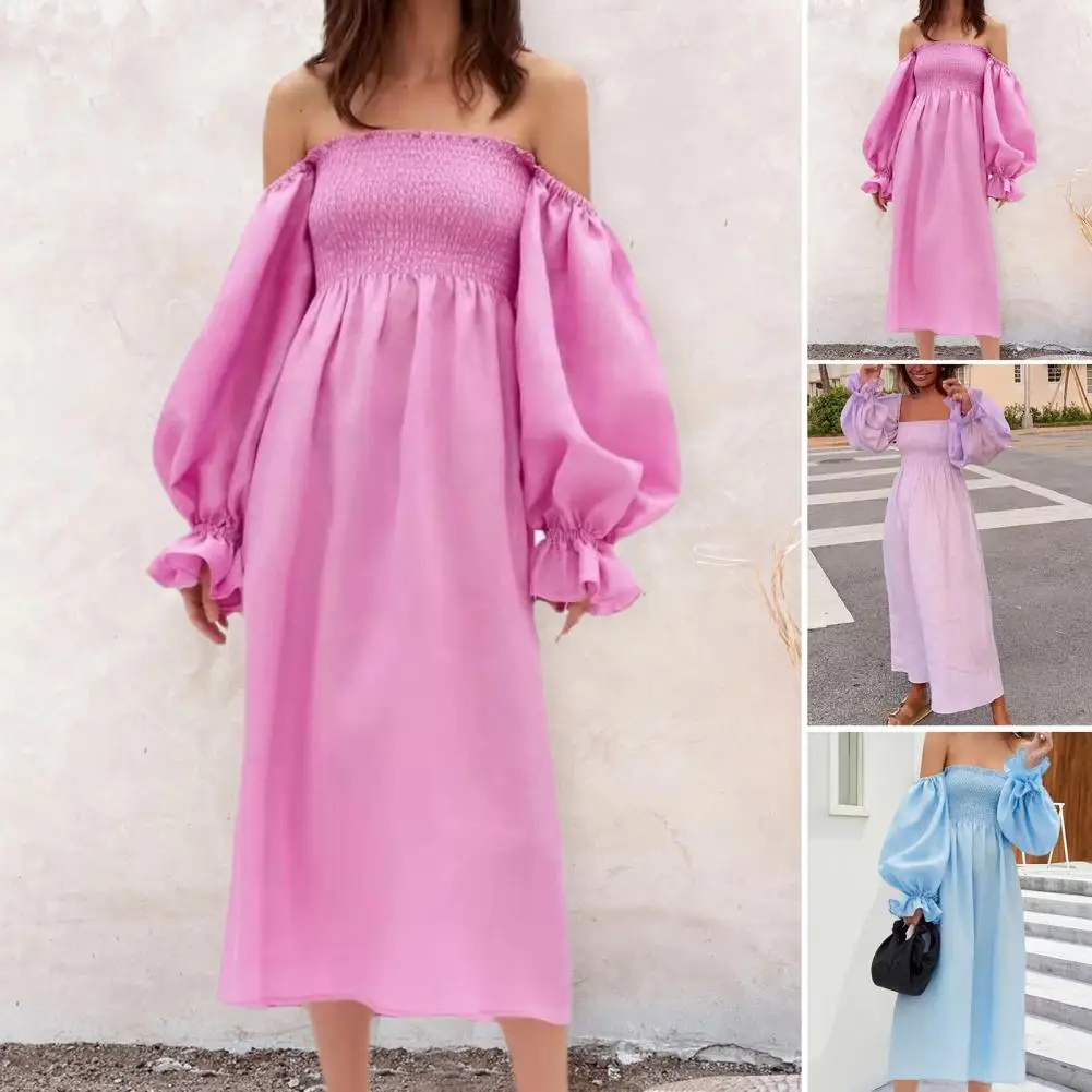 

Elastic Chest Wrap Lantern Long Sleeve Large Hem Sweet Dress Square Collar Off Shoulder Summer Midi Dress Female Clothing