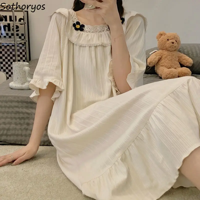 

Nightgowns Women Simple Daily Leisure Comfort Sweet Sleepwear Summer Breathable Ruffles Ulzzang Basic Stylish Midi Half-sleeve