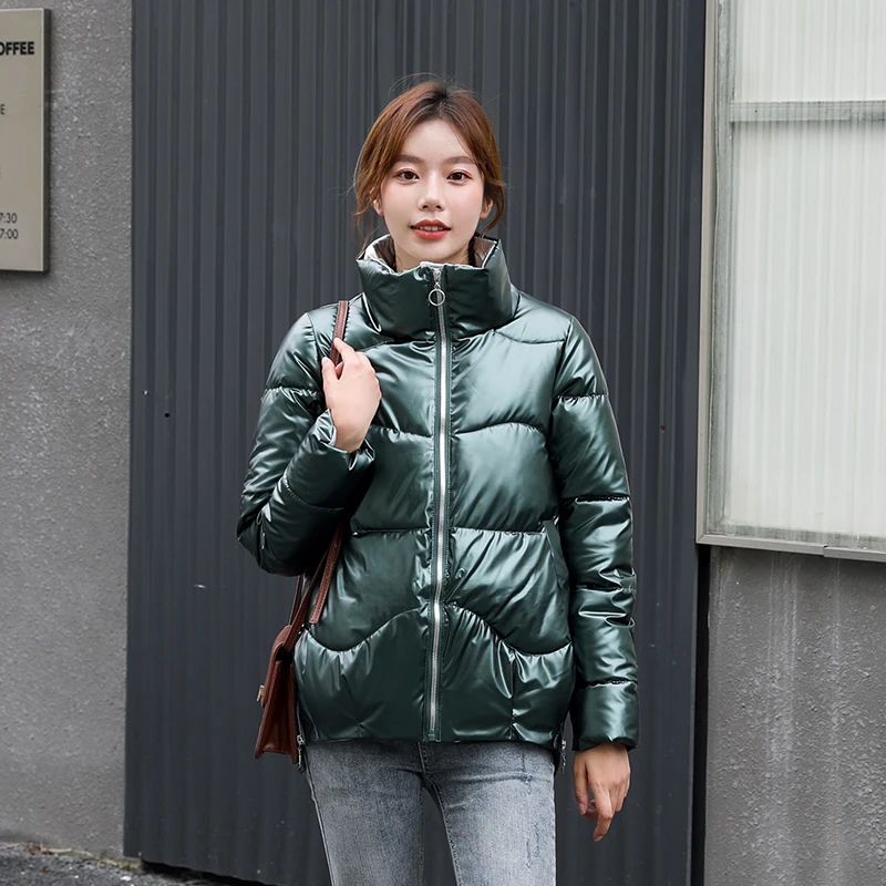 2021 Winter Trend Glossy Thickened Short Jacket Korean Style Loose Stand-up Collar Cotton Jacket BF Long Sleeve Women's Clothing