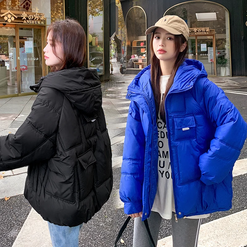 2023 Winter women's Clothing, Down Cotton Coat, Warm, Fashionable Cotton Coat, Large Pocket Hooded Candy Color Cotton Jacket