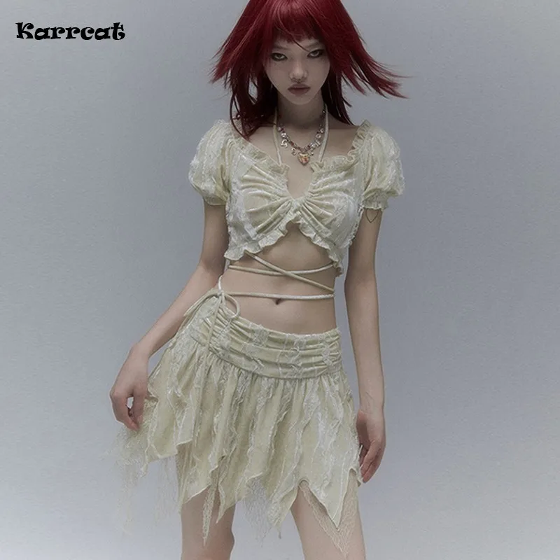 

Karrcat Grunge Aesthetics Two Piece Set Fairycore Lace Bandage Tops Irregular Mini Skirt Sets Vintage Y2k 2 Piece Suits Coquette