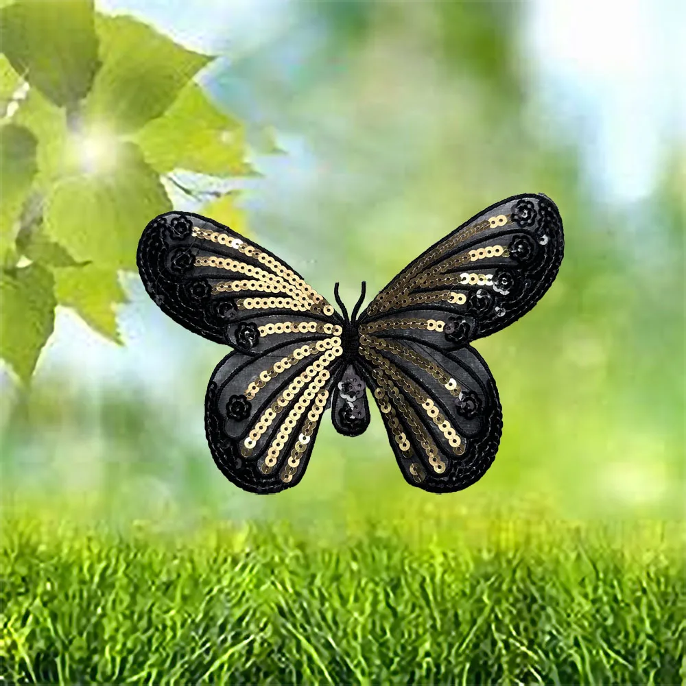 1 Шт. 12x19 См Черная Органза Золотая Блестящая Нашивка-бабочка Блестящий Клей Для