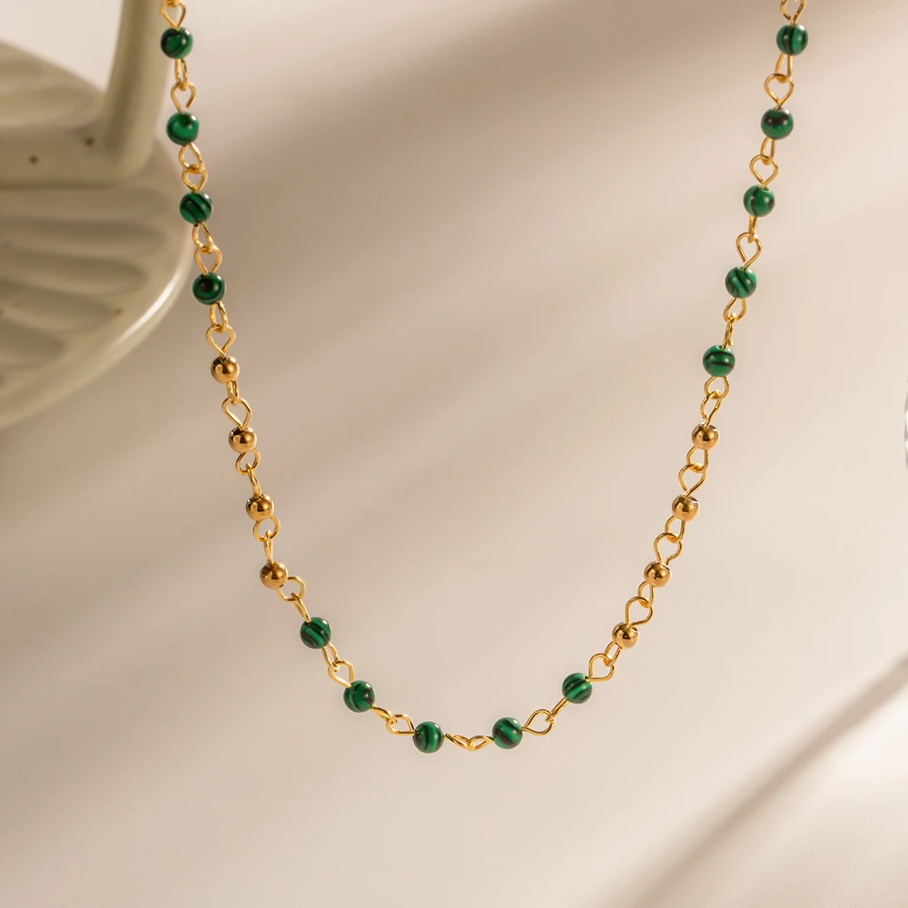 

18K Gold Beads Necklace For Women Creative Green Stone Ball Necklace Ladies Stainless Steel Beads Necklace Jewelry Gift