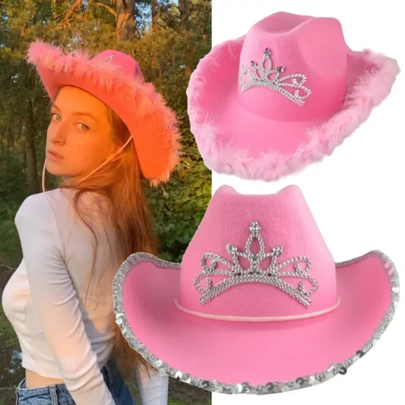 

Pink Tiara Western Style Cowgirl Hat for Women Girl Rolled Fedora Cap Feather Edge Beach Cowboy Hat Sequin Western Party Cap