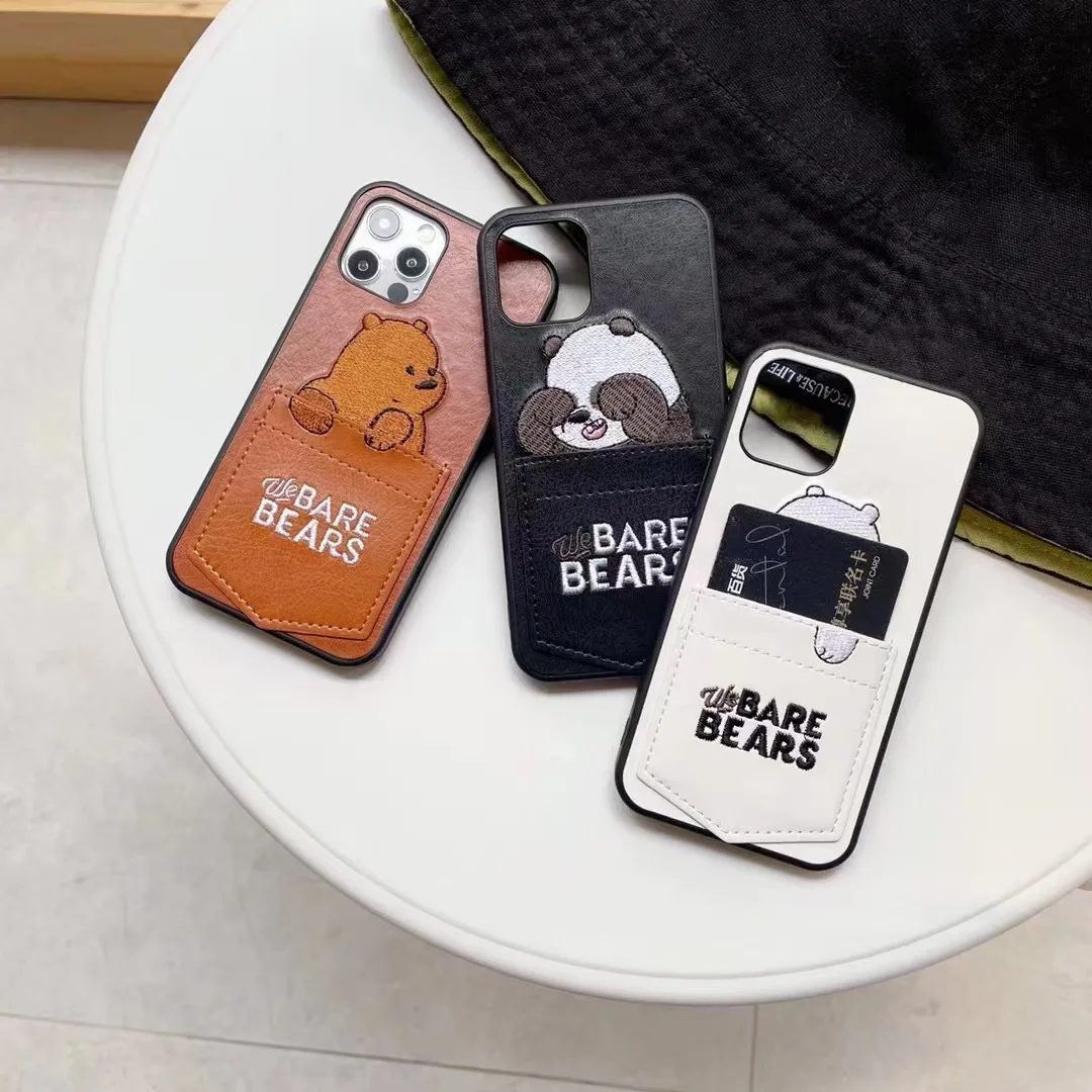 

For iPhone13 12 11 Pro Max Cute Cartoon Bear Soft Case iX XR XsMax SE 2020 7 8 Plus Embroidered Leather Card Pocket Phone case