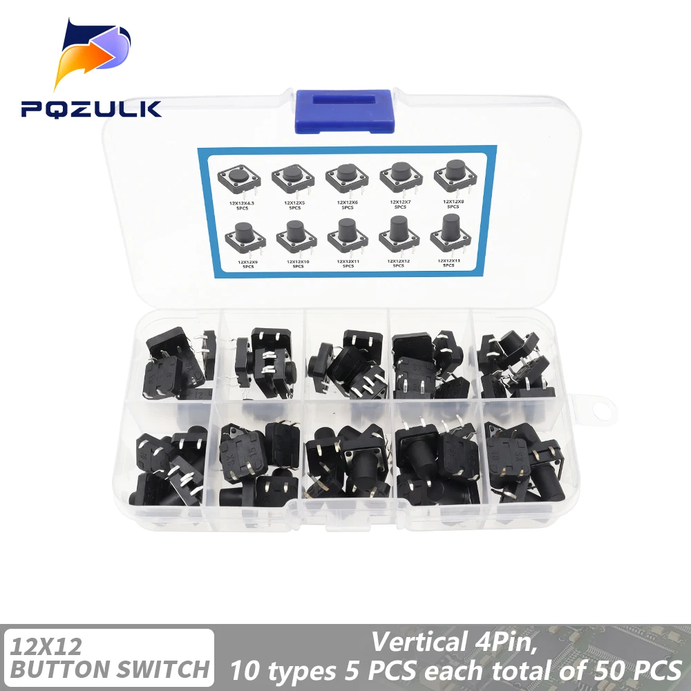 

Тактовый переключатель 12*12 SMD, Тактильный кнопочный переключатель высотой 4,3 5 ~ 13 мм DIP 4P, 50 шт., 10 моделей, микро-переключатель 12x12