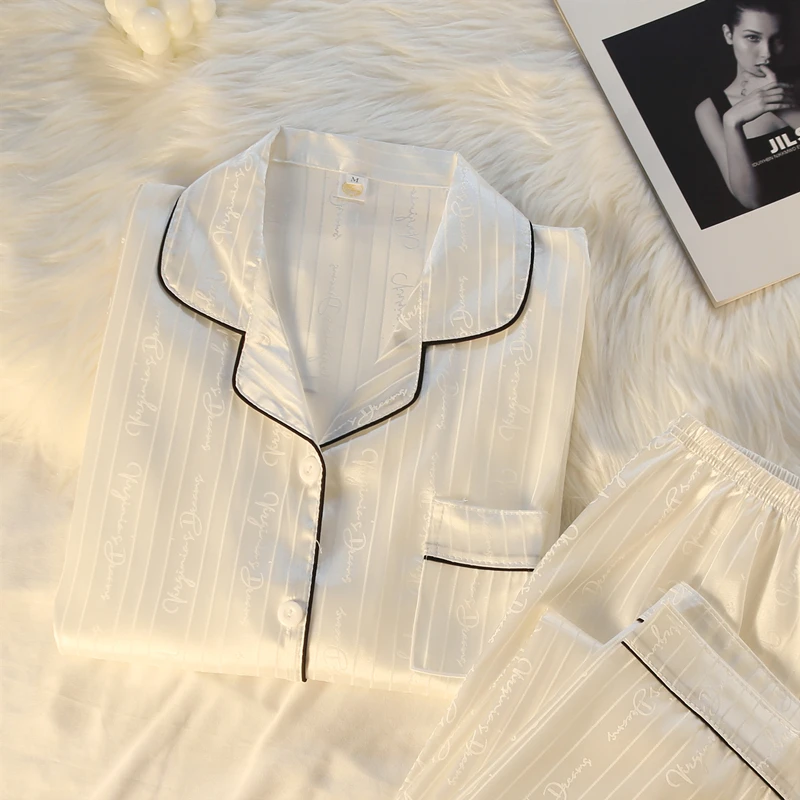

White Letter Pajamas For Women 2022 Spring And Autumn Ice Silk Sleepwear Long-sleeved Striped Silk Homewear Summer Pyjamas