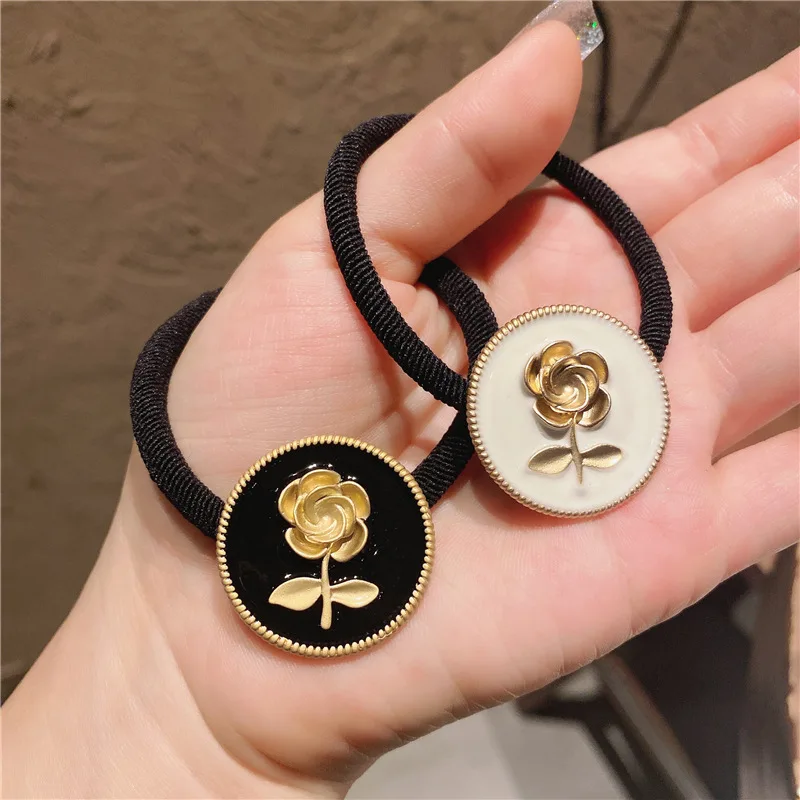 

5PCS French Vintage Rose Flower Hair Rope Small Incense Wind Metal Hair Ring Ponytail Rubber Band Head Rope Korean Headdress
