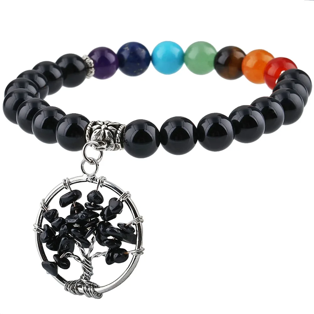 

SUNYIK 8mm Black Obsidian Beaded Bracelet Tree of Life Dangle Charm 7 Chakra Bead Yoga Energy Reiki Healing Women Jewelry