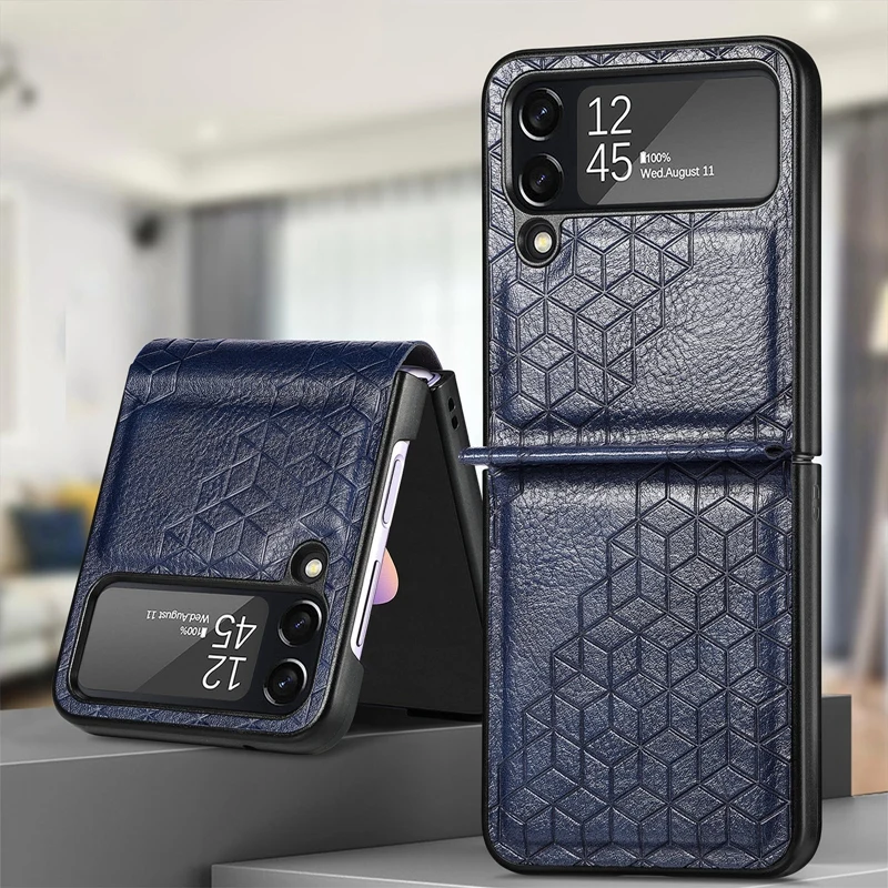 

Z Flip 4 Embossed Geometric Foldable Phone Case for Samsung Galaxy Z Flip 4 Solid Color PU Leather Stand Holder Flip Cover