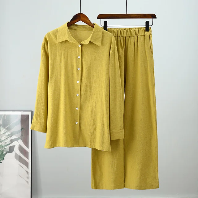 

ELIJOIN2022 Women's Shirts and Pants Suit Long-sleeved Lapel Shirts and Elastic Pants 2-piece Fashion Office Wear