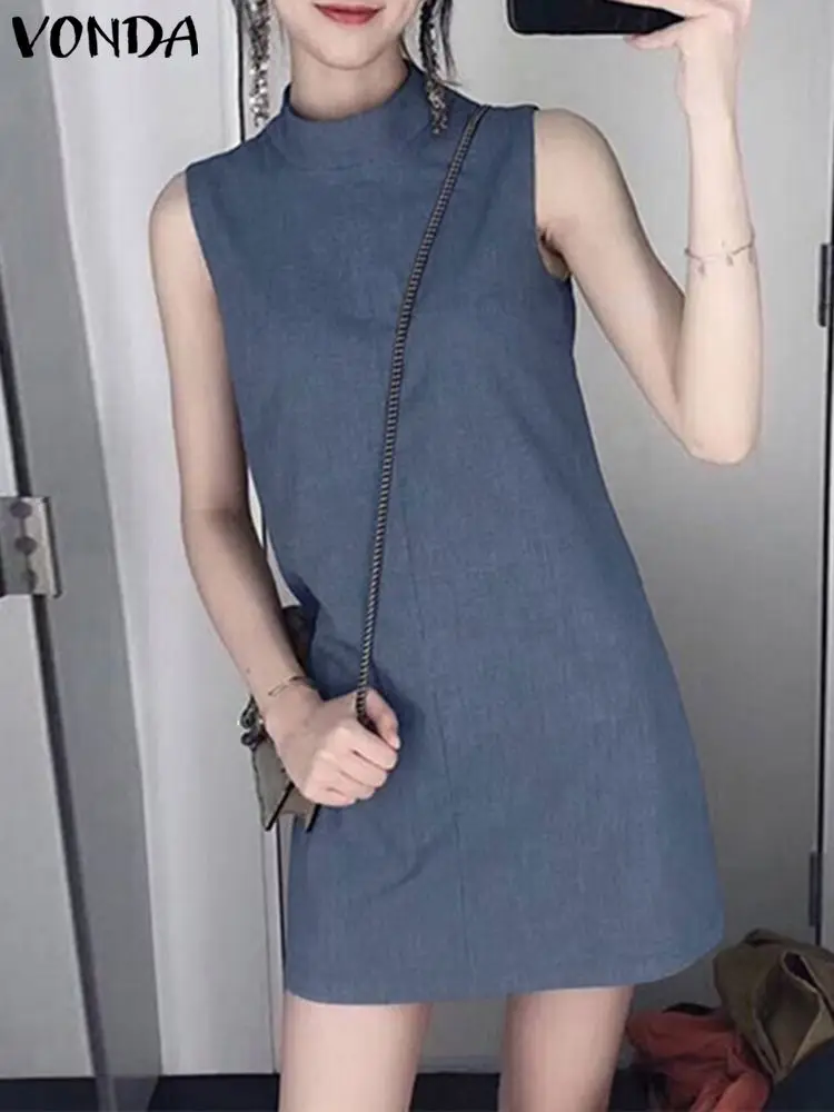 

2023 VONDA Elegant Solid Color Short Dress Women Stand Collar Sleeveless Casual Loose Sundress Fashion Party Mini Vestidos Robe