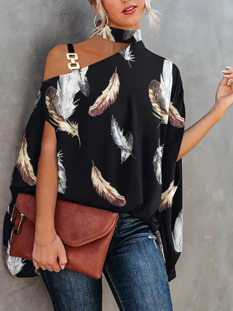 

Feather Print Chain Strap Cold Shoulder Tops Women Sexy Halter Blouses