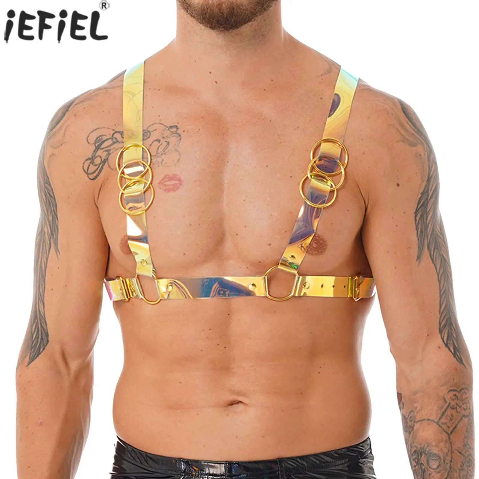 

Mens Metal O Ring Faux Leather Harness Belt Body Shoulder Chest Straps Punk Rave Party Costume Accessories Exotic